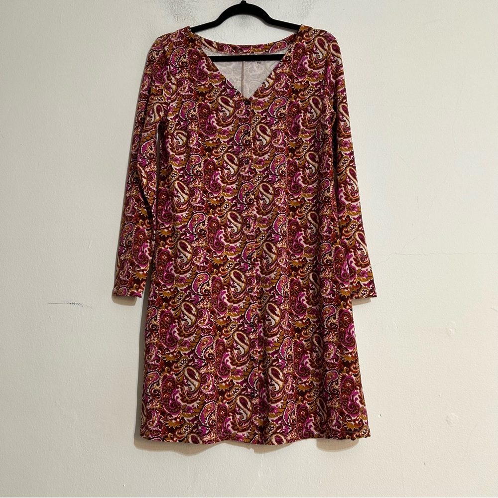 Garnet Hill Phoebe Button Front Jersey Knit Mini Dress Pink Paisley Print Fall